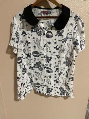 Hell Bunny Halloween Print Button-Front Blouse with Black Peter Pan Collar